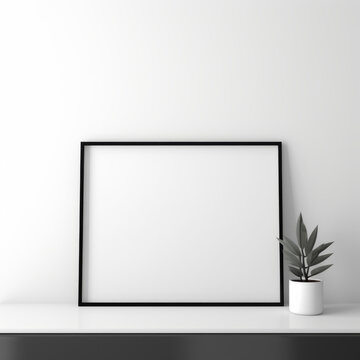 白色桌子带盆栽植物的黑色相框在白色背景墙上的效果图