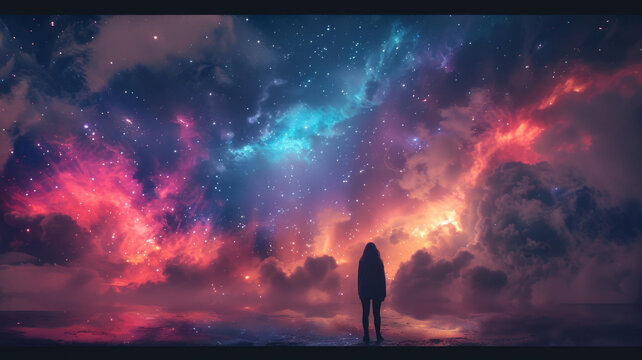 孤独的女孩站在美丽的星云前