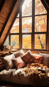 秋日森林小屋阅读一角