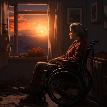 窗边夕阳，老妇人凝思