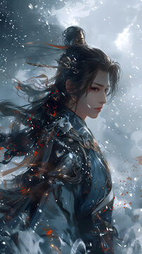 一个身穿蓝色长袍的东方男子站在雪地里，他的长发在风中飘舞