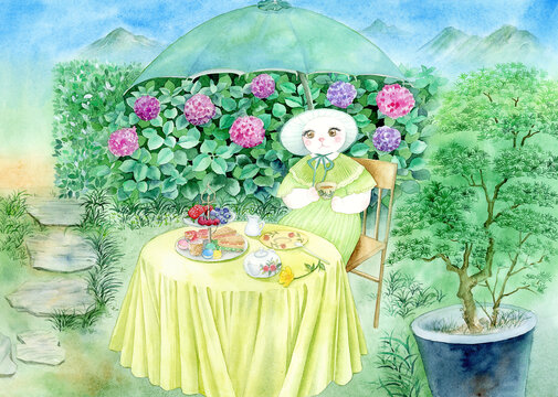 猫咪喝下午茶插画