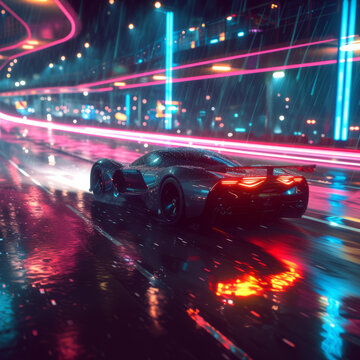 雨夜疾驰的黑色跑车