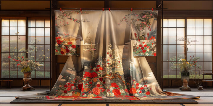 一件绣有樱花和富士山图案的和服