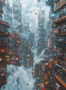 科幻风格的城市街道，高楼大厦，穿梭的飞车