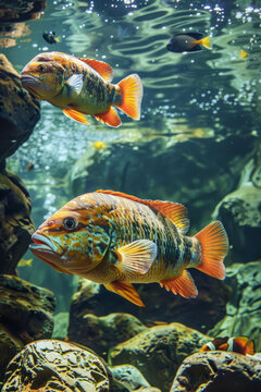 两条色彩斑斓的鱼在水族箱里游动