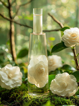 白色山茶花与透明香水瓶