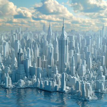 3D城市景观摩天大楼与河流