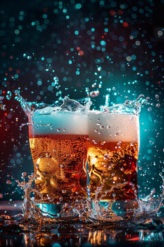 啤酒花四溅的啤酒杯