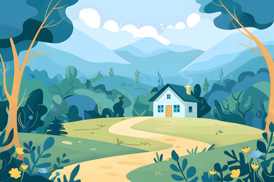 蓝天白云山间小屋风景