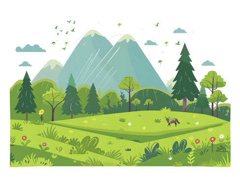 绿色山脉与鹿的田野风景