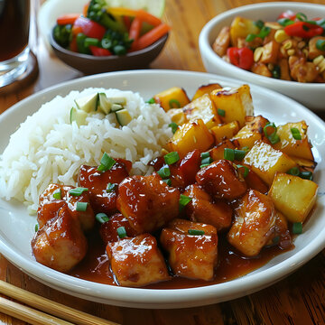 照烧鸡肉配米饭和烤土豆