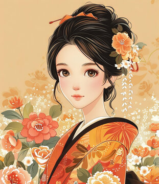 一个美丽的黑发和服日本艺伎，和服上有白色和黄色花朵，头上别着白色和橘色的花朵