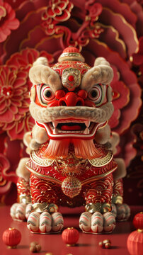 渲染的中国狮子像红色和金色装饰