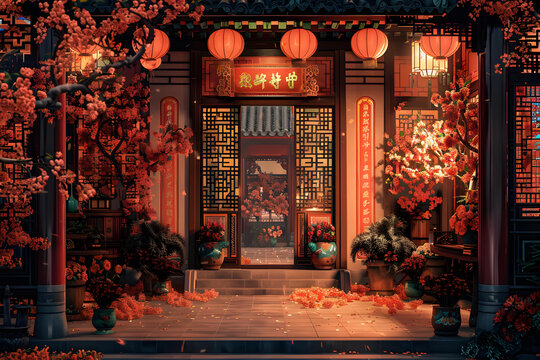 张灯结彩的中国传统建筑