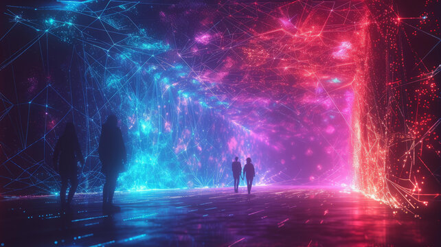 两个人携手漫步在光怪陆离的隧道中
