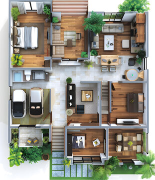 一套三层现代住宅的平面图，展示了房屋的内部结构和布局，包括卧室、客厅、厨房、餐厅、浴室和车库。