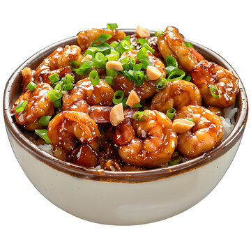 [免抠素材]一碗米饭上放着许多只大虾，大虾上面撒着花生米和葱花