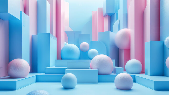 粉蓝几何形状的 3D 抽象