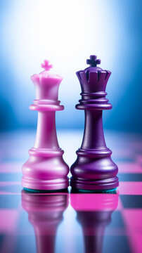棋盘上的紫色和粉红色国际象棋棋子