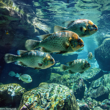 一群鱼在大型水族箱中游动