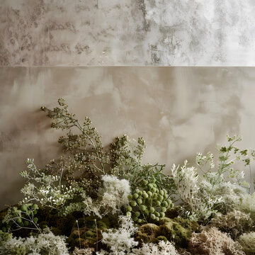 绿色植物和棕色墙壁背景