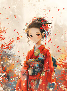 一个穿着红色和服的美丽日本女孩