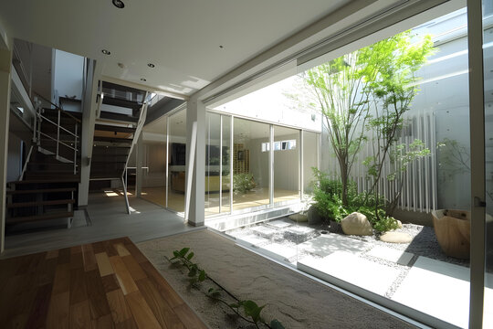 日式极简风格的住宅内部庭院
