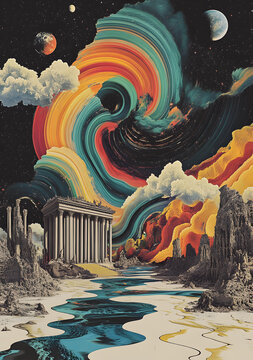 星河漩涡中的神庙抽象画