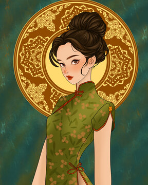 手绘旗袍美女