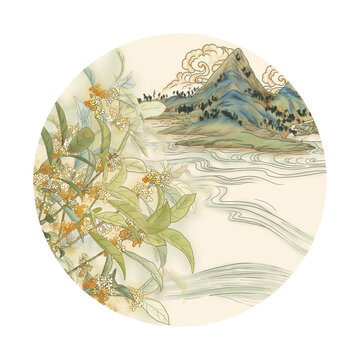 桂花山水插画