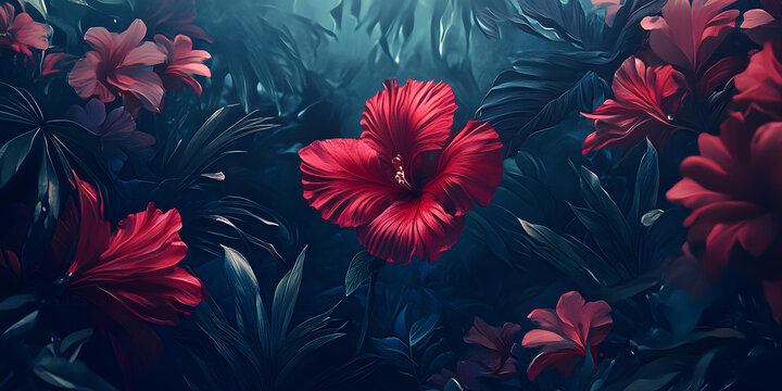深绿红花热带花卉