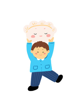 手绘卡通男孩子举着饺子插画