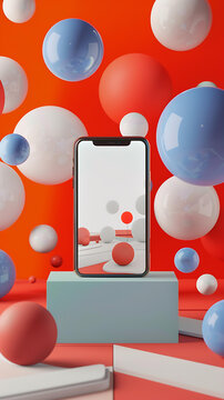 橙色背景抽象3D形状和智能手机模型