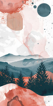 抽象水彩山脉风景画