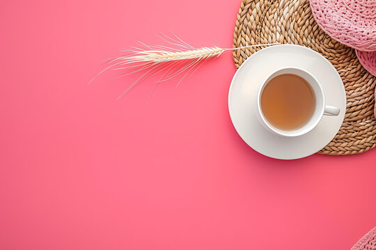 粉色背景上的茶杯俯视图