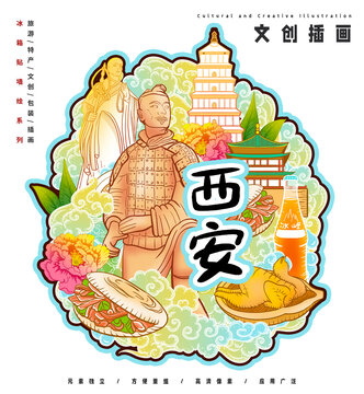 西安冰箱贴墙绘文创特产插画
