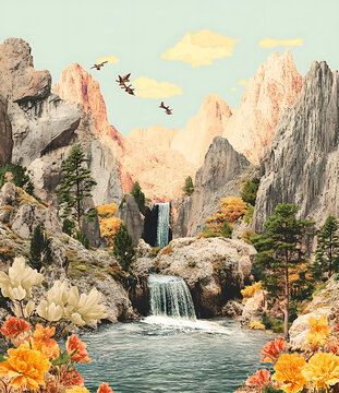 山间瀑布风景画