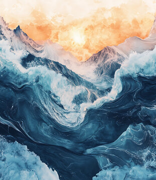 抽象水彩画 山脉和海浪