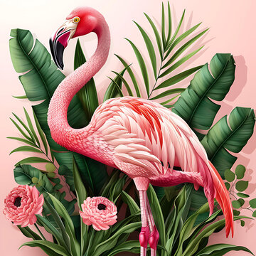 粉色火烈鸟与热带植物