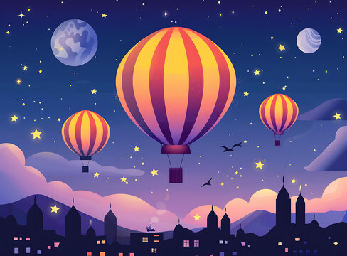夜晚城市上空的热气球