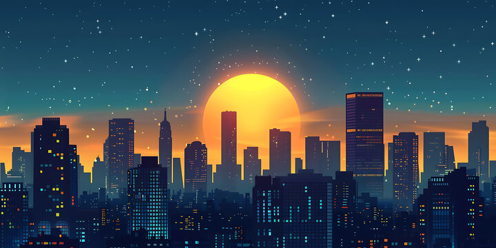 夜空中的黄色月亮下的城市剪影
