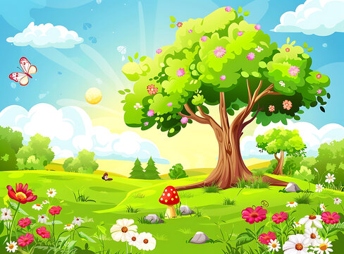 卡通绿色树木花朵风景
