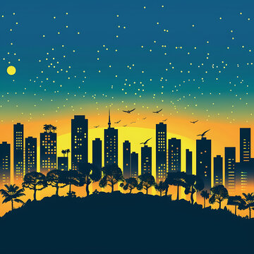 城市剪影日落星空