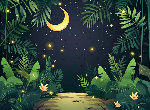 夜晚丛林背景图，弯月和星星