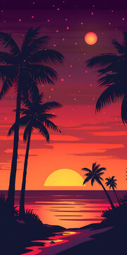 夕阳西下海边椰树剪影