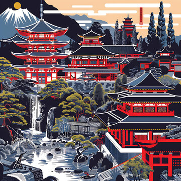 日本山水风景图-佛塔和瀑布