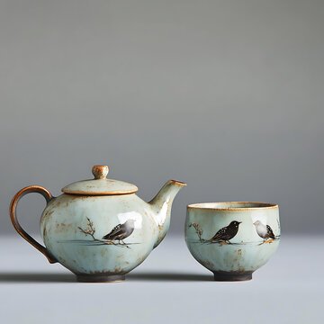带鸟图案的陶瓷茶壶和茶杯套装