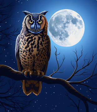 夜空中坐在树枝上的猫头鹰