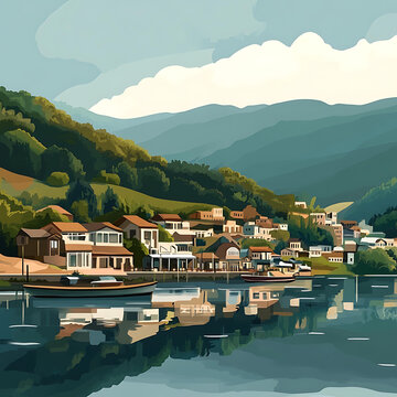 湖边宁静的村庄，山峦背景